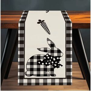 Brand New Black and White Buffalo Plaid Easter Bunny Carrot Table Runner 13"x72"